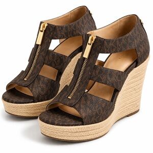 New - Michael Kors Brown Damita Wedge Logo Espadrille Sandals with Front Zip